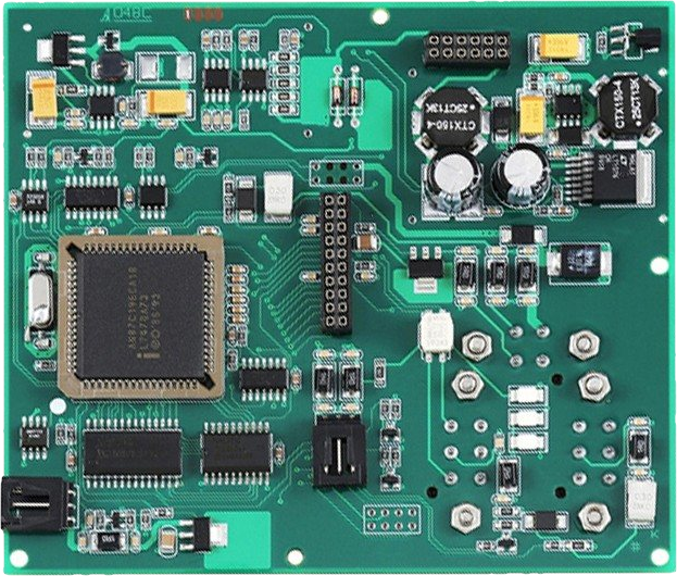A populated printed circuit board, assembled on the SMT line, shown tilted and rotating.