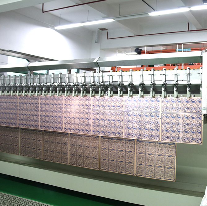 Panels racked vertically along the copper plating line at Hongrong