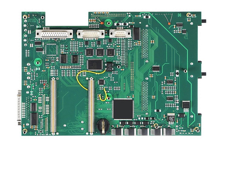 A populated green PCB with three white connectors along the top edge, two long card-edge sockets and a large square chip