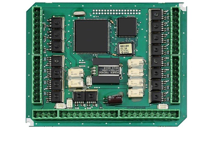 A populated green PCB with rows of black connectors along both long edges, a large square IC and several white terminal blocks