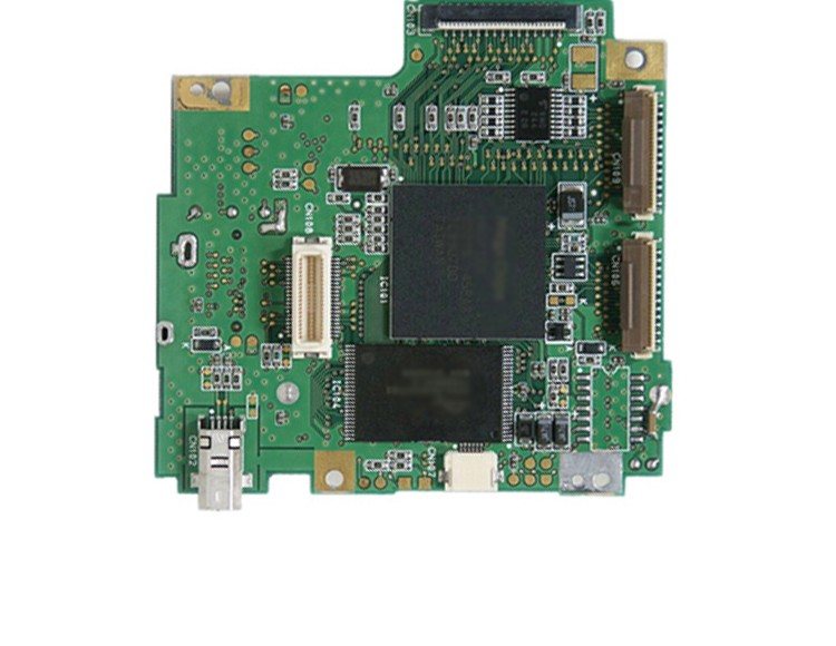 A board with two large square ICs, brown ribbon-cable connectors, a card socket and fine-pitch parts