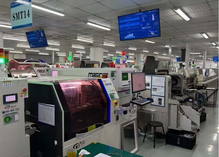 SMT production line 14 at Hongrong's Shenzhen factory, showing pick-and-place machines and MES monitoring screens